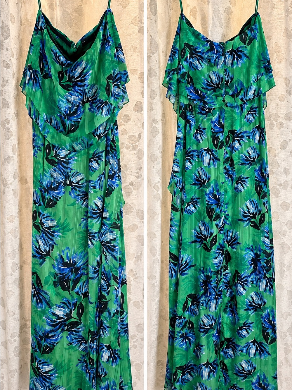 Banana Republic Size 0 Green Blue Floral Maxi Dress Spaghetti Strap Ruffle